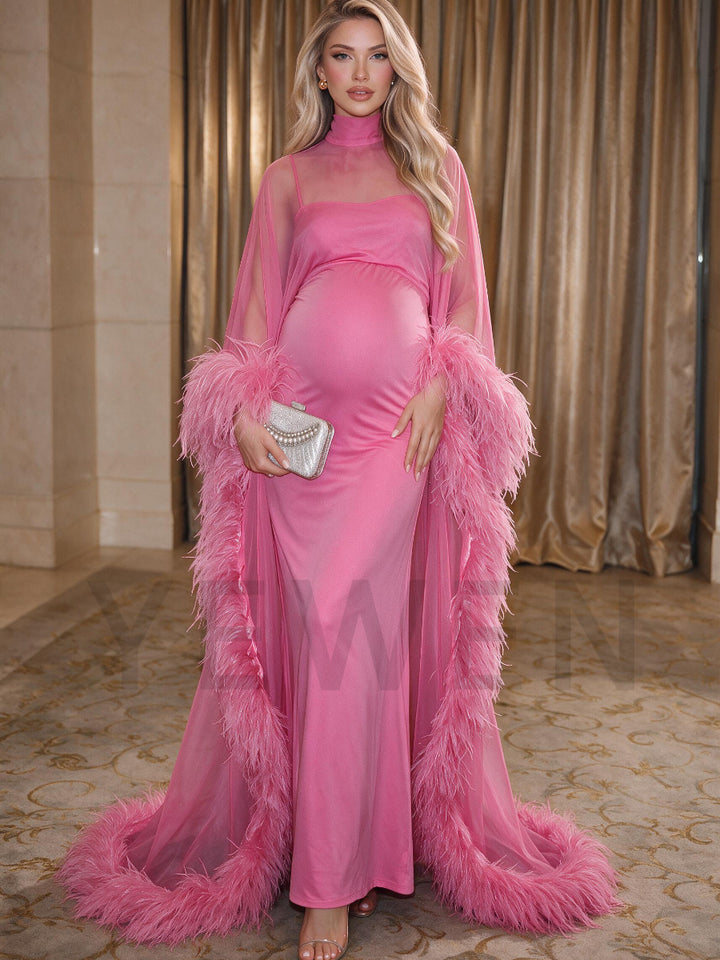 Pink Ostrich Feather Cape Maternity Baby Shower Dress YD260834