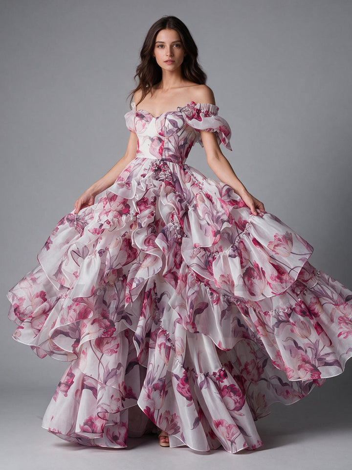Pink Floral Print Off-Shoulder Tiered Ruffle Princess Dress YW2610133