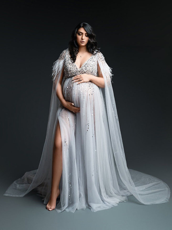 Robe de soirée en tulle à perles argentées avec robe de maternité cape pour robe de photographie de photoshoot à lacets dans le dos 