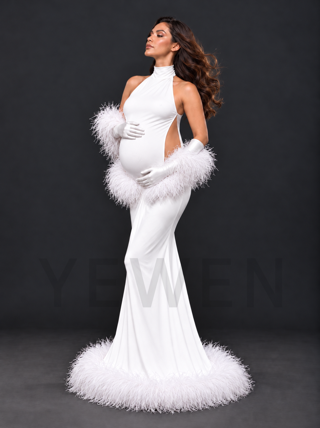 White High Halter Cutout Feather Maternity Photoshoot Gown HY269007