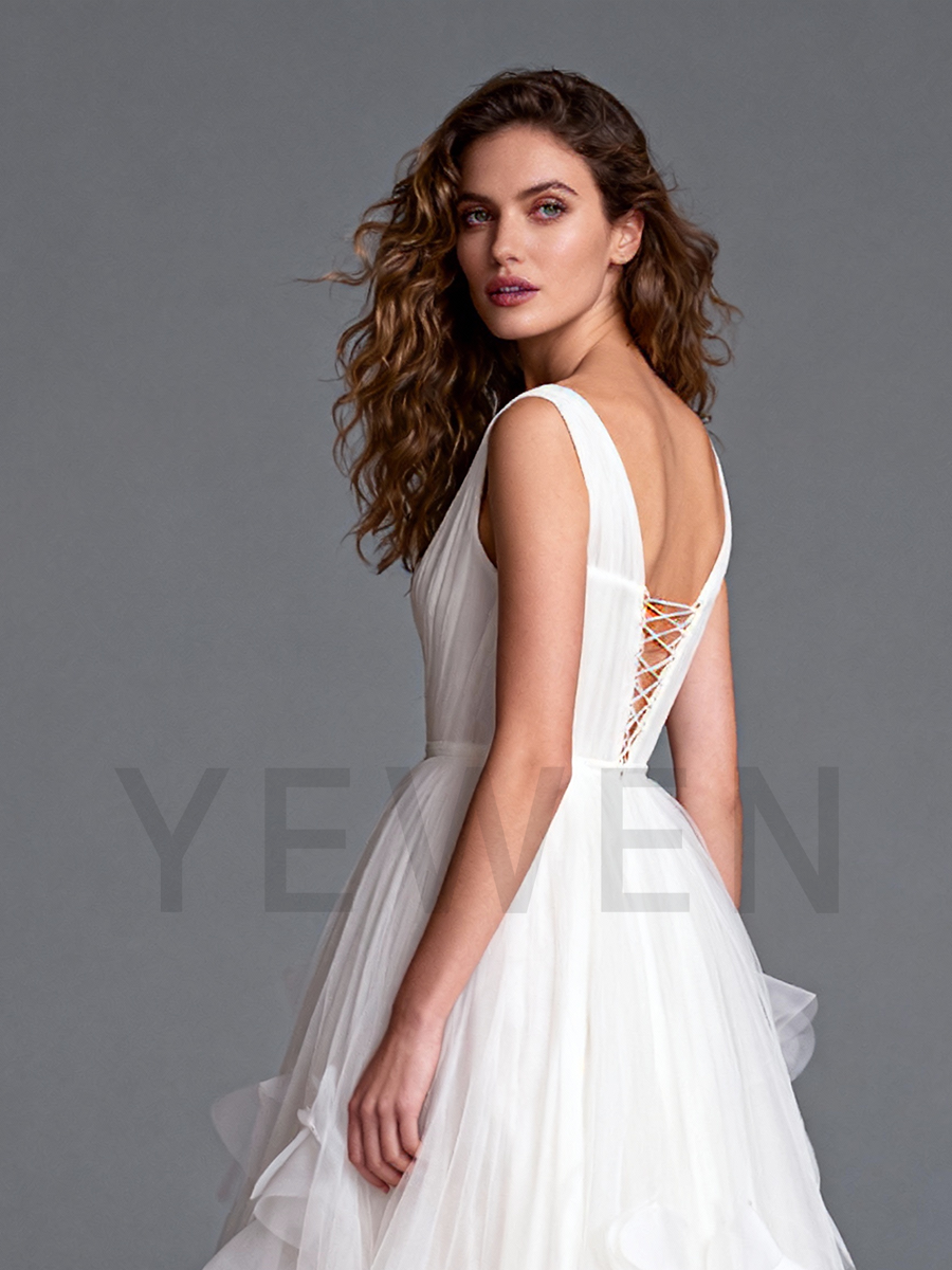 Tulle Wedding Dress Deep V Neck Sleeves Bridal Gowns Petal Trim