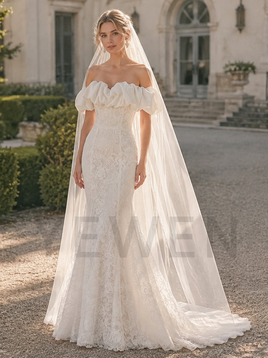 Ivory Off-Shoulder Satin Ruffle Rose Lace Wedding Dress (without Veil)