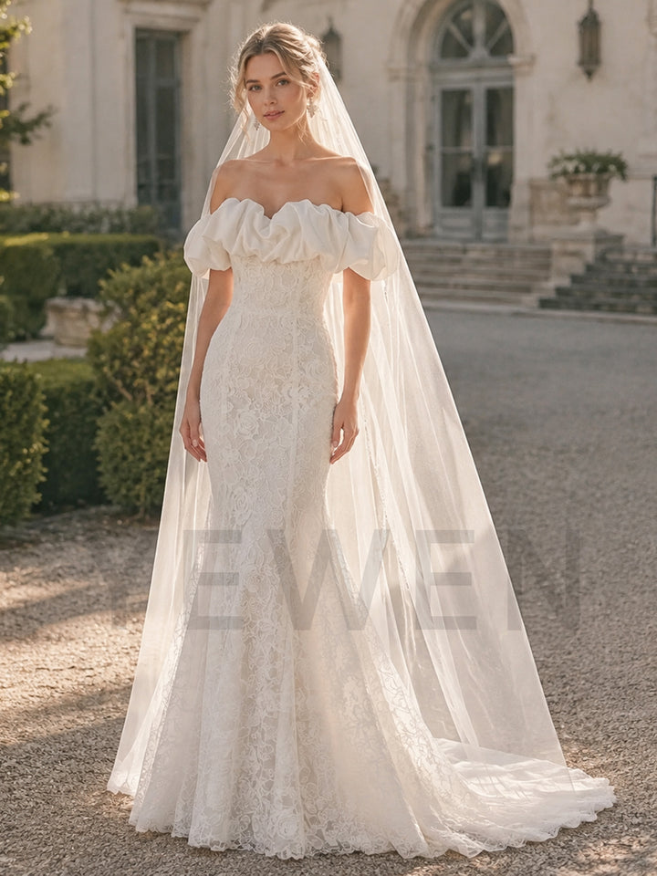 Ivory Off-Shoulder Satin Ruffle Rose Lace Wedding Dress (without Veil)
