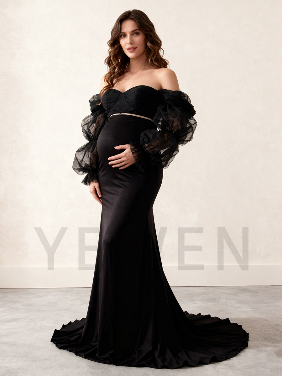 2 Piece Set Sheer Sleeves Stretchy Fabric Maternity Dresses for Photoshoot Baby Shower Dresses YW243148