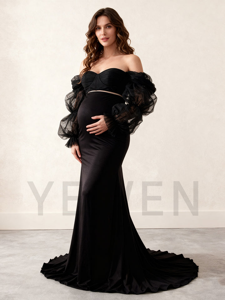 2 Piece Set Sheer Sleeves Stretchy Fabric Maternity Dresses for Photoshoot Baby Shower Dresses YW243148