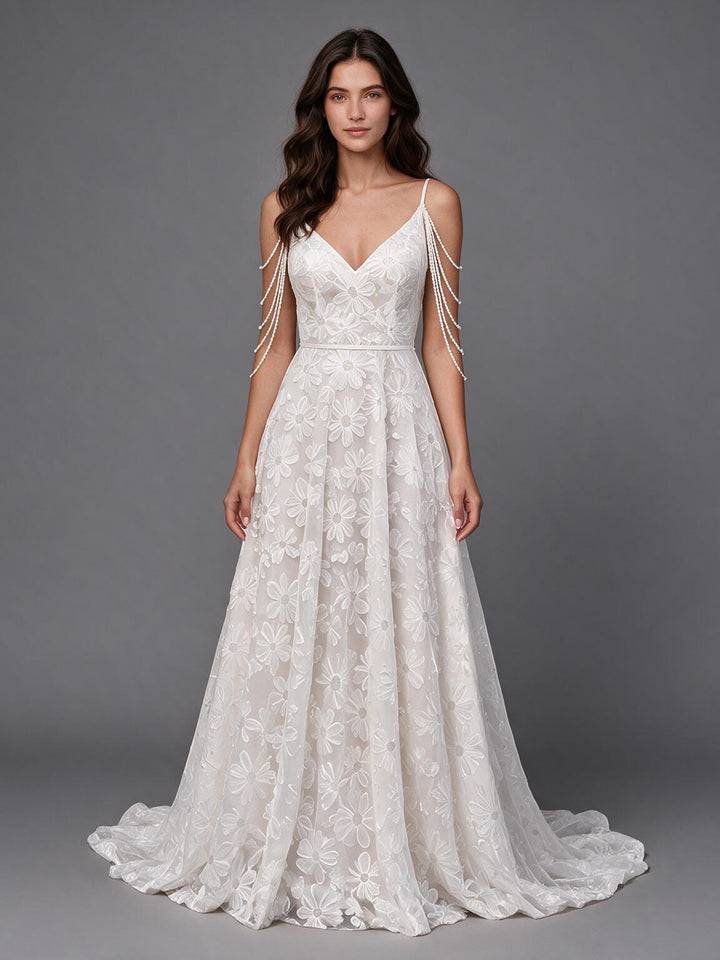 Ivory Spaghetti Strap Floral Lace Boho Wedding Dress with Draped Pearl