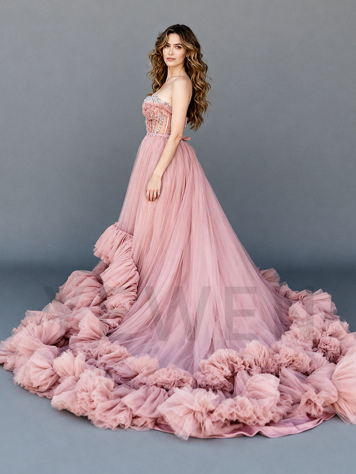 Customized Dusty Pink Beaded Tulle Dress Strapless Ruffles Skirt Occasion Dress