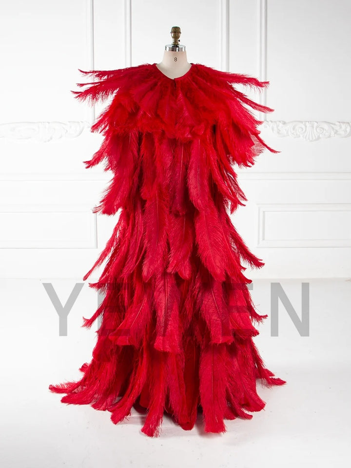 Luxury Burgundy Ostrich Feather Maternity Robe for Photoshoot YW250017