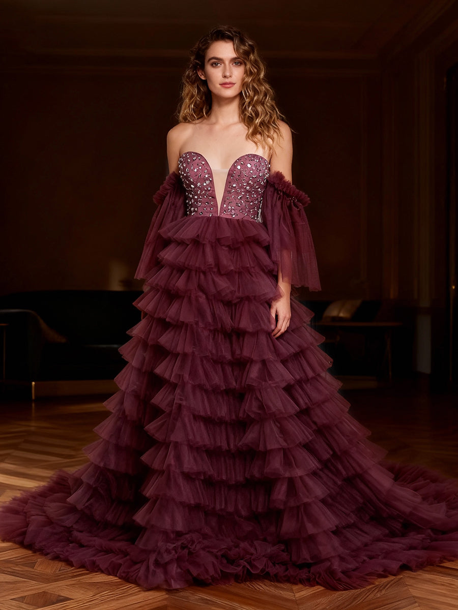 Neues Kristall-Perlen-Abendkleid, abgestuftes, langes Maxi-Formalkleid aus Tüll für Frauen, Fotografie-Kleider YW220705 