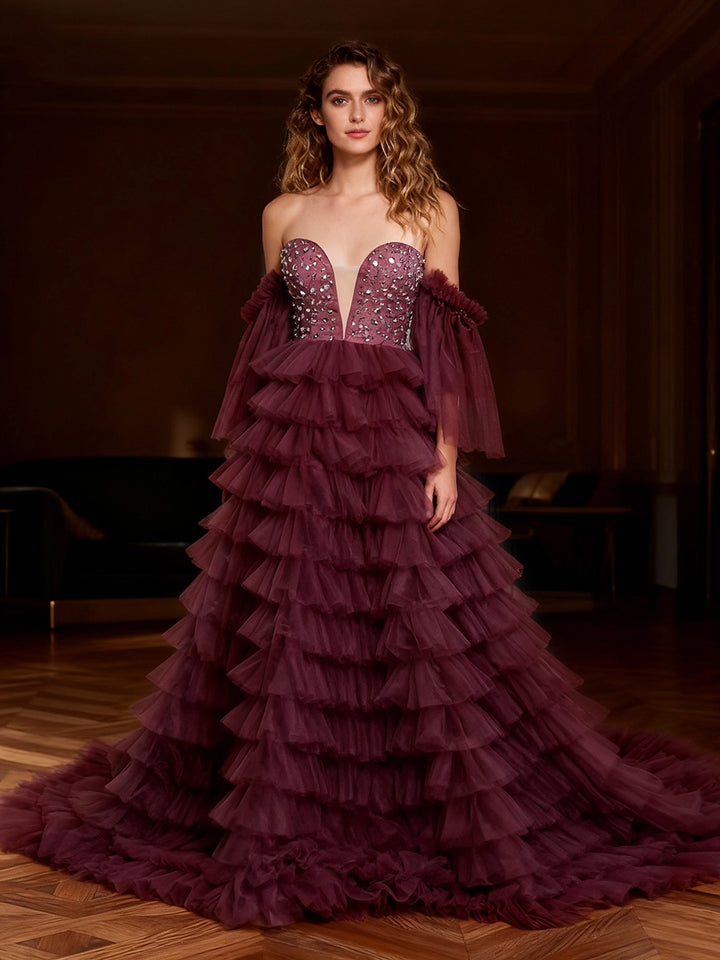 Neues Kristall-Perlen-Abendkleid, abgestuftes, langes Maxi-Formalkleid aus Tüll für Frauen, Fotografie-Kleider YW220705 