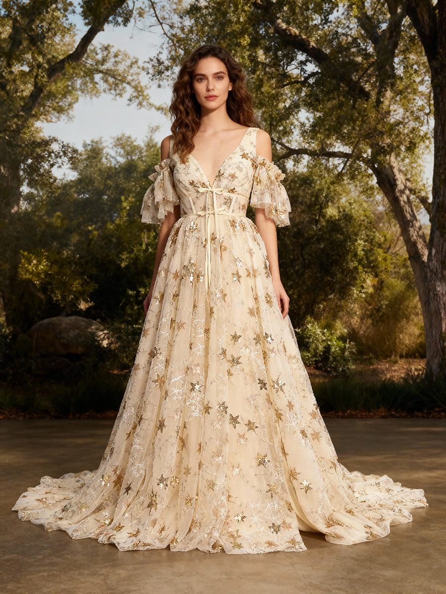 V-Neck Sequin Star Champagne Color Wedding Dress Elegant Ladies Beach Ball Dress 60cm Train YW240073