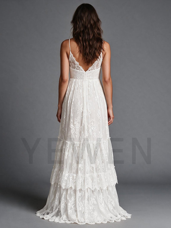 Ivory Spaghetti Strap V-Neck Tiered Lace Ruffle Wedding Dress