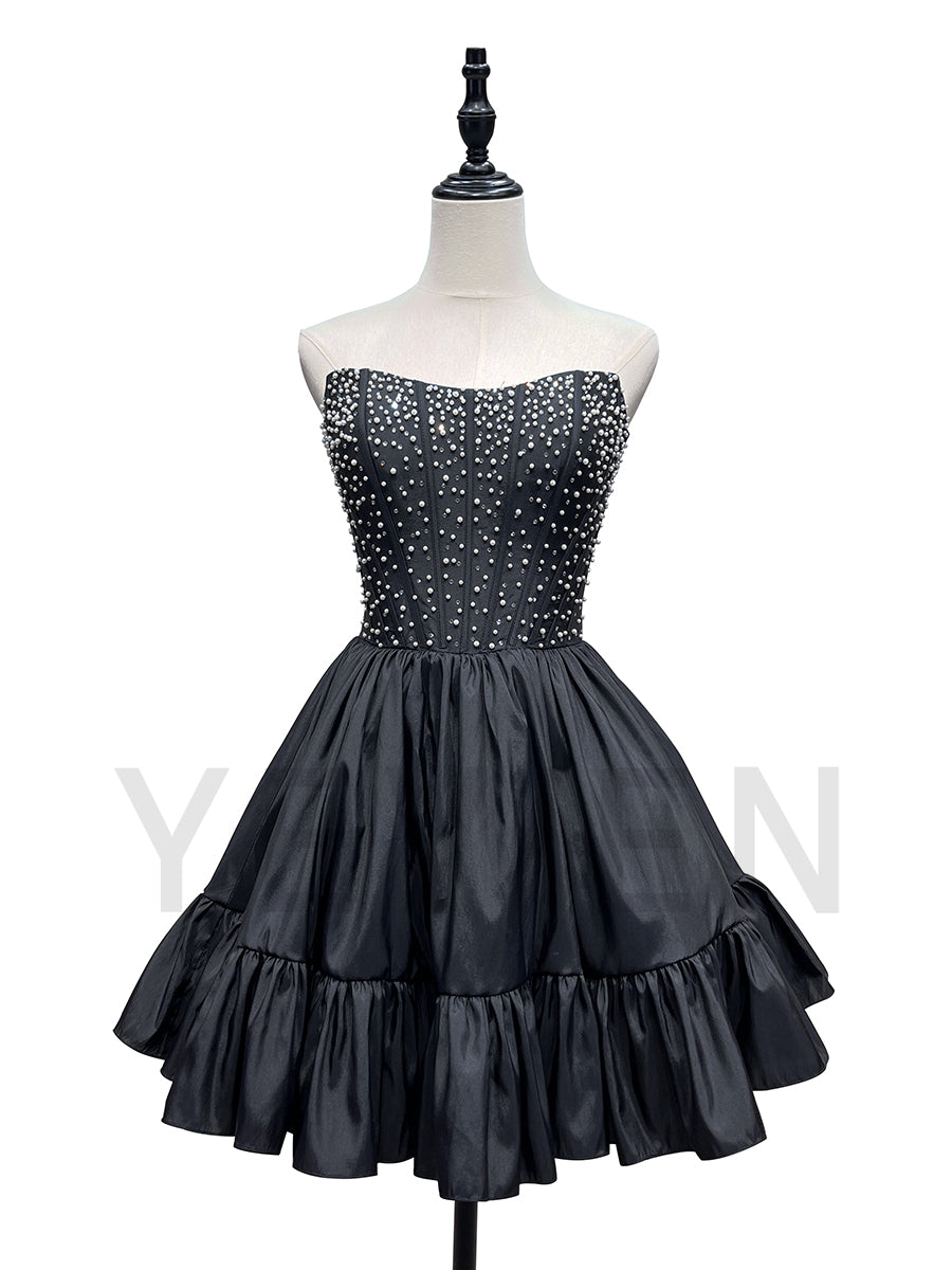 Black Beading Evening Dress Women Strapless Mini Prom Party Cocktail Dress F25168J