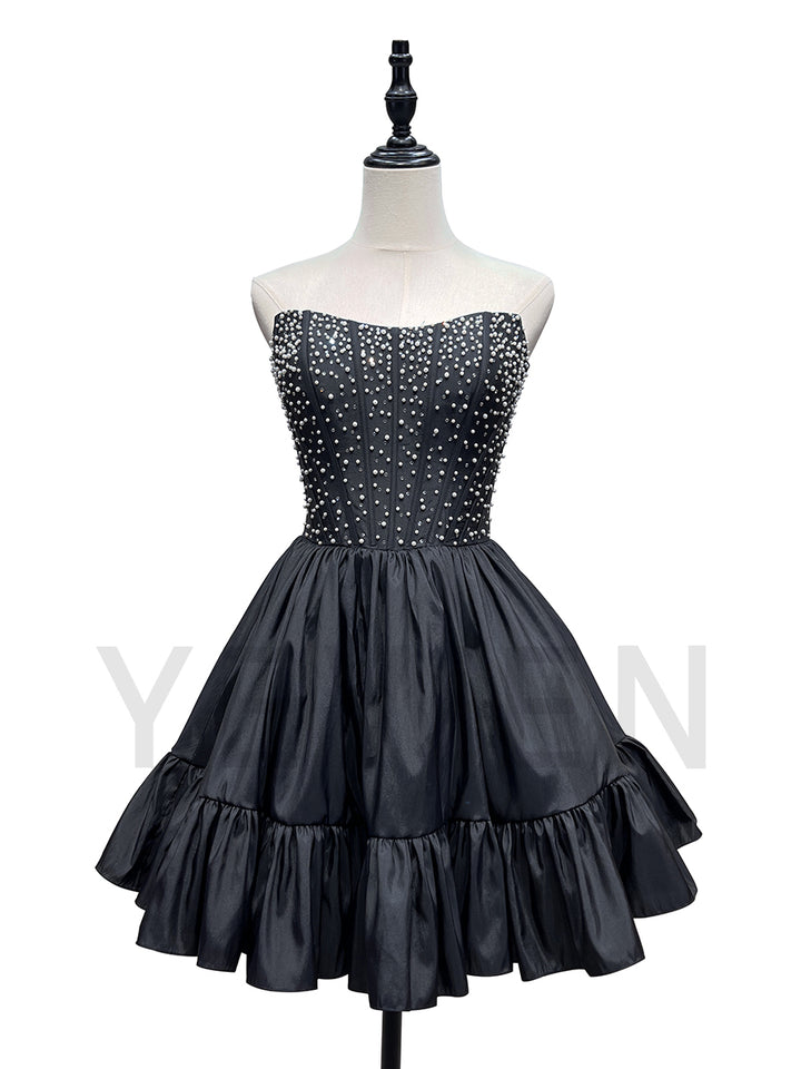 Black Beading Evening Dress Women Strapless Mini Prom Party Cocktail Dress F25168J