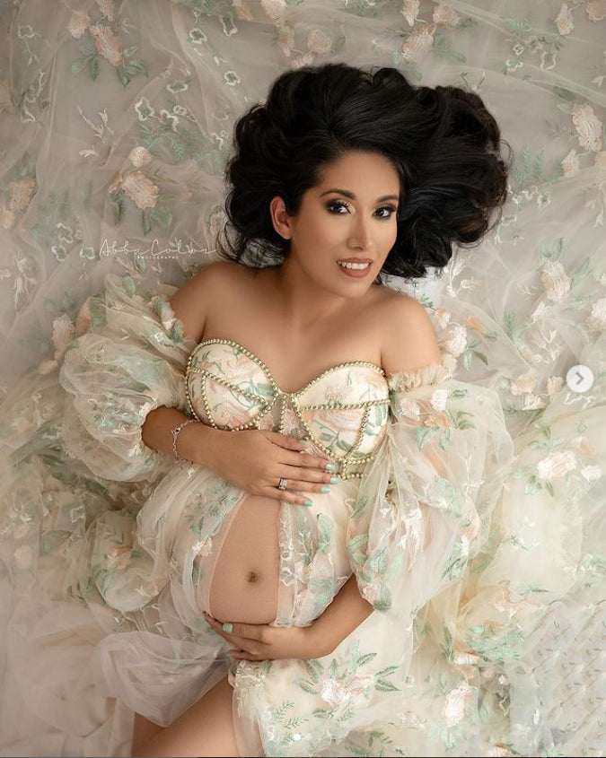 High Waist Maternity Dress for Photo Shoot Embroidery Tulle Long Sleeves Front Slit Maternity Gowns YW230306-1