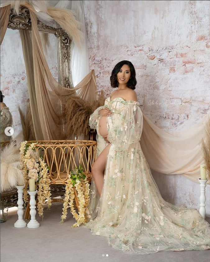 High Waist Maternity Dress for Photo Shoot Embroidery Tulle Long Sleeves Front Slit Maternity Gowns YW230306-1