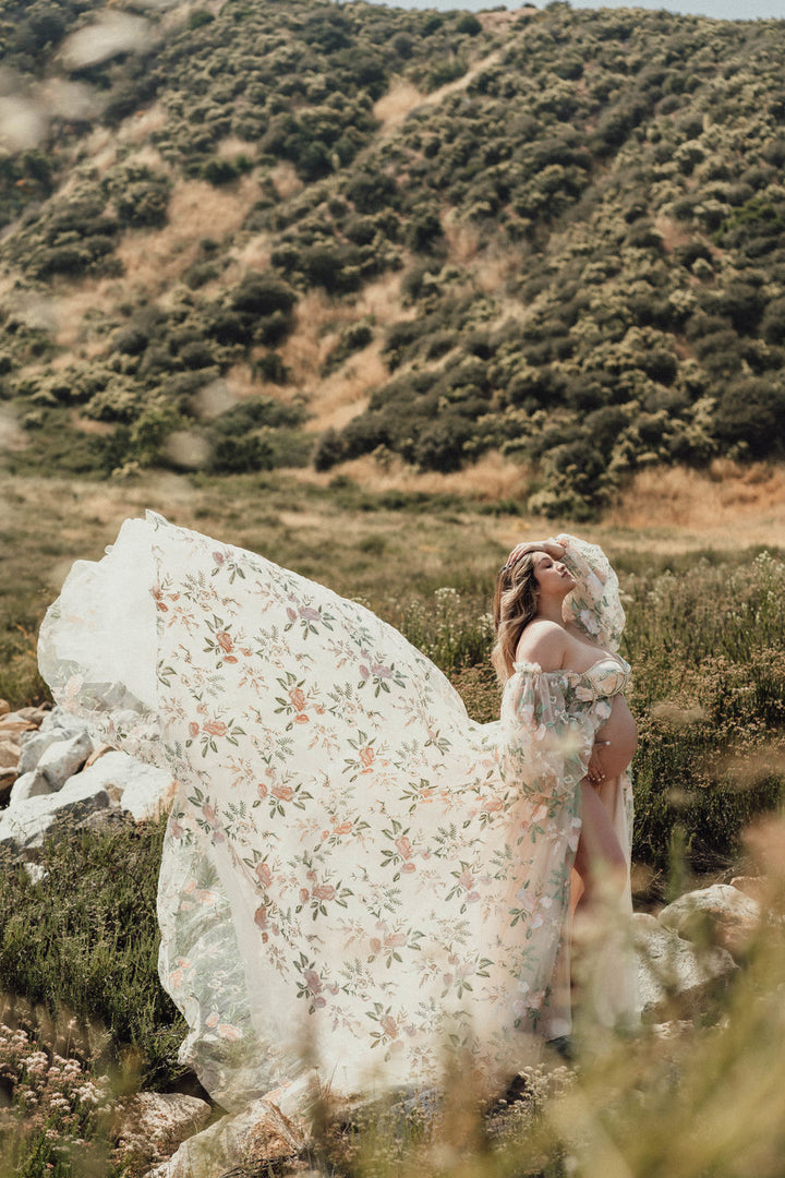 High Waist Maternity Dress for Photo Shoot Embroidery Tulle Long Sleeves Front Slit Maternity Gowns YW230306-1