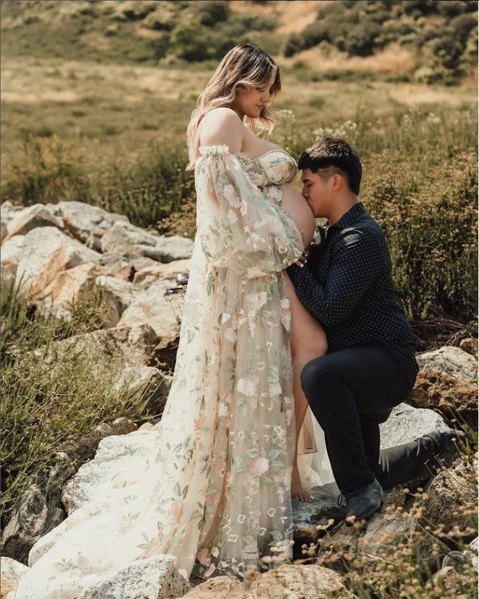 High Waist Maternity Dress for Photo Shoot Embroidery Tulle Long Sleeves Front Slit Maternity Gowns YW230306-1