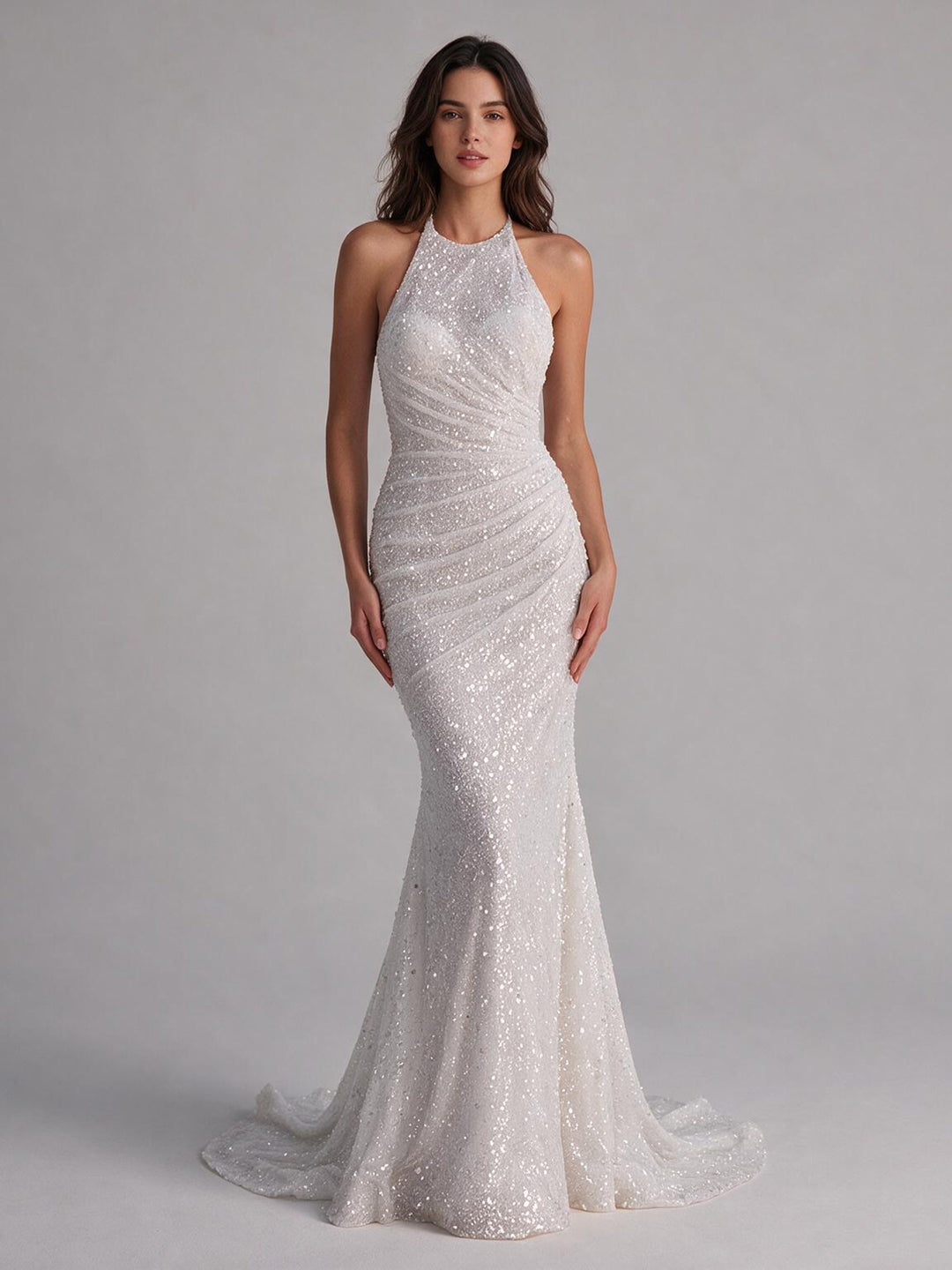 Ivory Halter Sequin Ruched Bodice Mermaid Wedding Dress