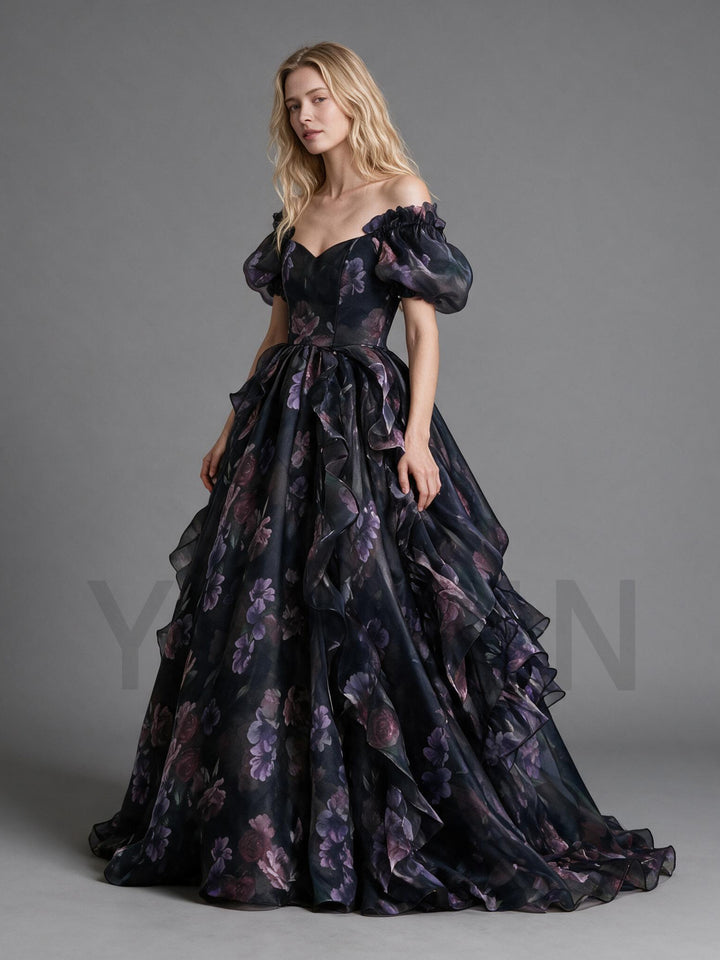 Black Purple Floral Tiered Ruffle Puff Sleeve Princess Dress YW2610151