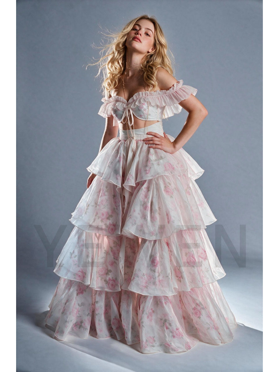 Pink Two-Piece Floral Off-Shoulder Princess Dress with Ruffle Tiered Skirt WT268020