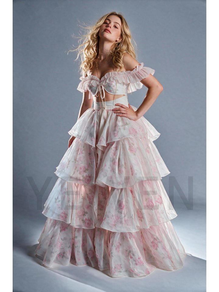 Pink Two-Piece Floral Off-Shoulder Princess Dress with Ruffle Tiered Skirt WT268020