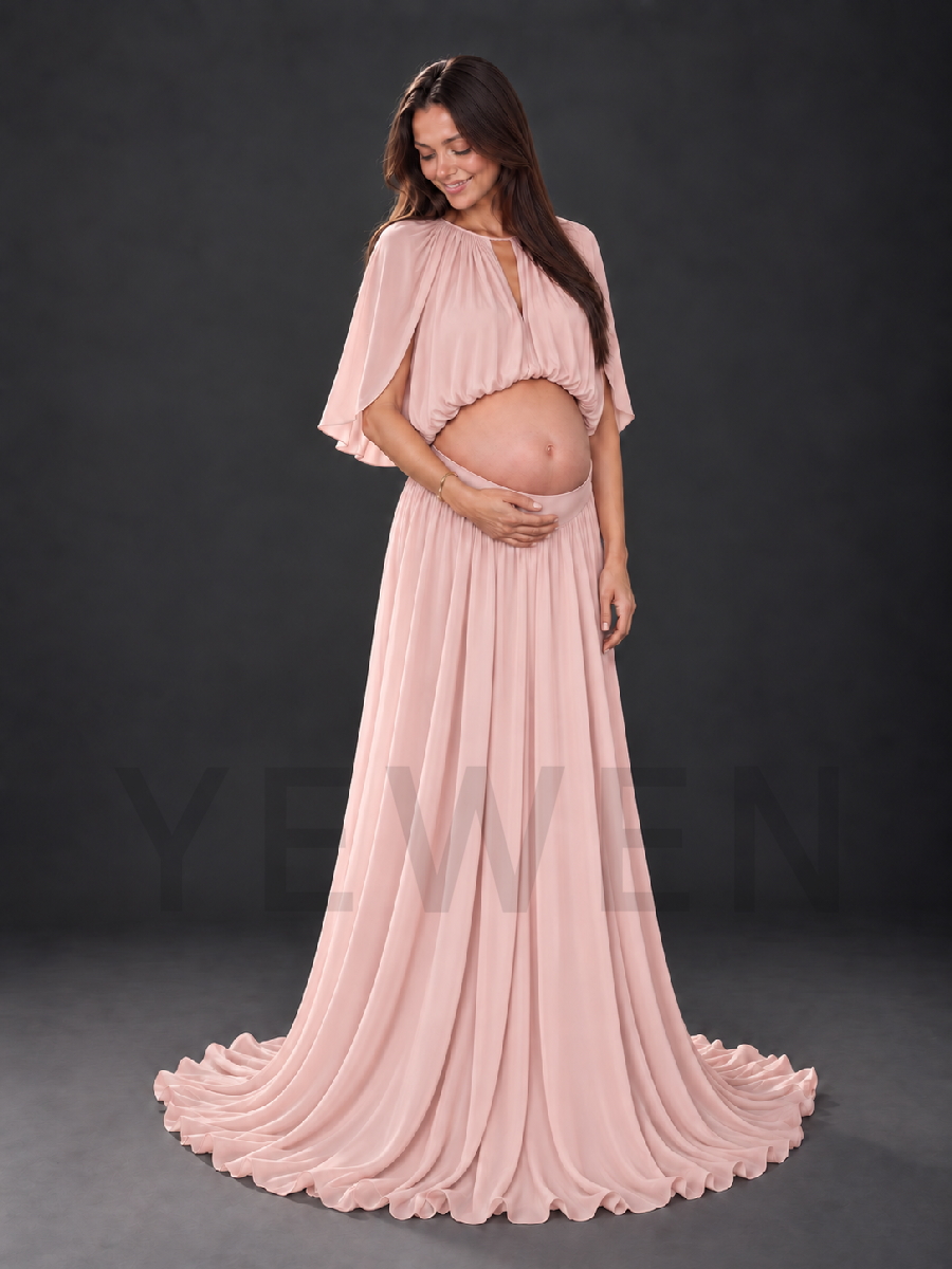 Keyhole Cape Sleeve Chiffon Maternity Photoshoot Gown HA260919