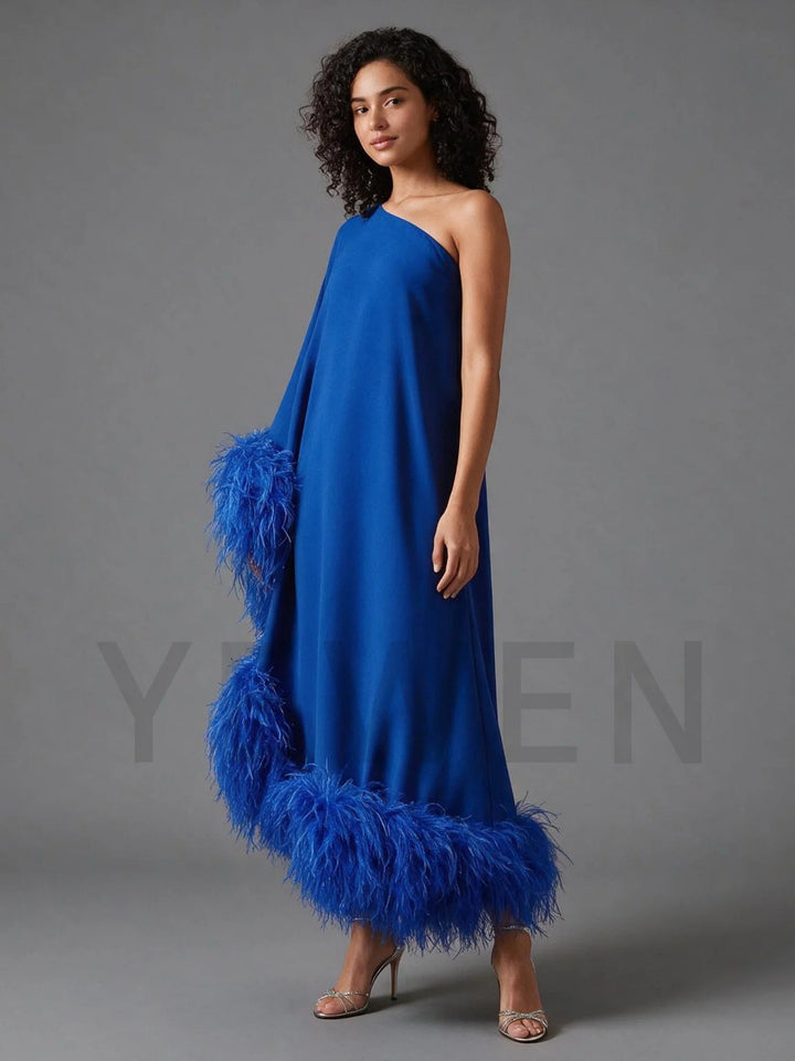 Blue One-Shoulder Poncho Ostrich Feather Satin Evening Gown YW2610064