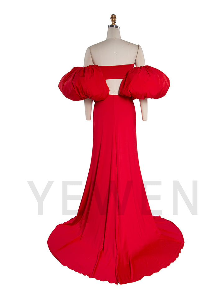 Stretch Mermaid Maternity Photoshoot Dress Puffy Sleeve Baby Shower Gown YW251024