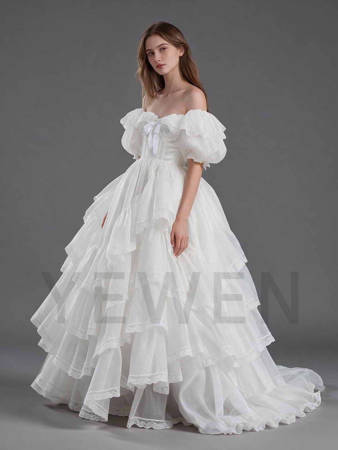 White Puff Sleeve Tiered Ruffle Princess Dress with Bow YW26101410