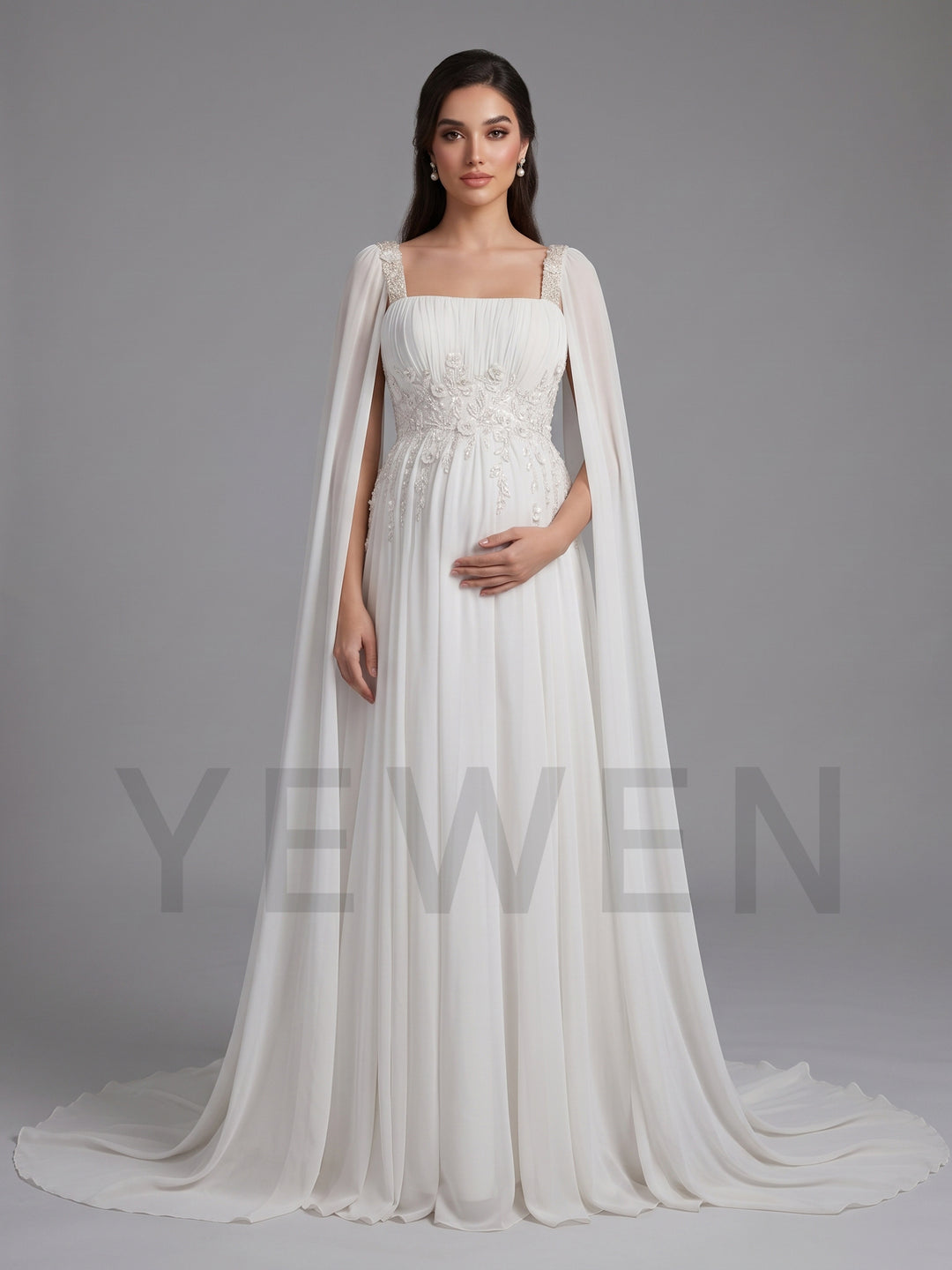 Chiffon Cape Sleeve Floral Sequin Maternity Baby Shower Dress YD260928