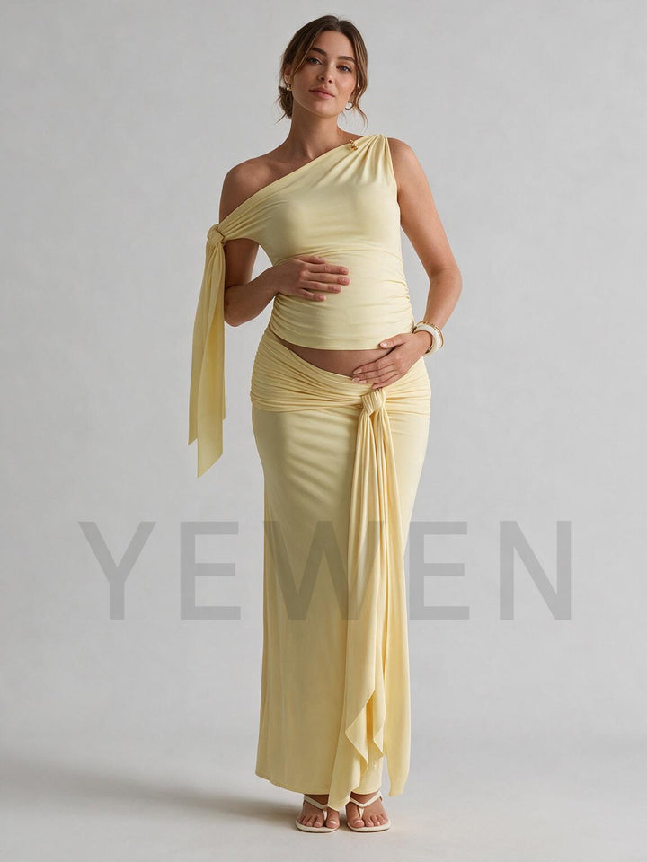 One-Shoulder Fitted Maternity Baby Shower Dress with Oversized Tie Bow