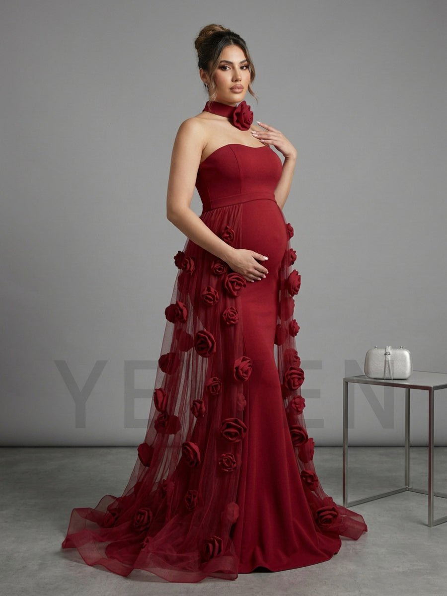 Strapless Mermaid Maternity Photoshoot Gown with 3D Rose Train YD260916