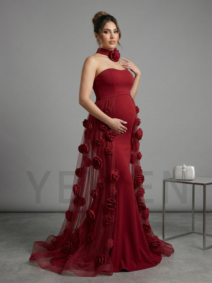 Strapless Mermaid Maternity Photoshoot Gown with 3D Rose Train YD260916