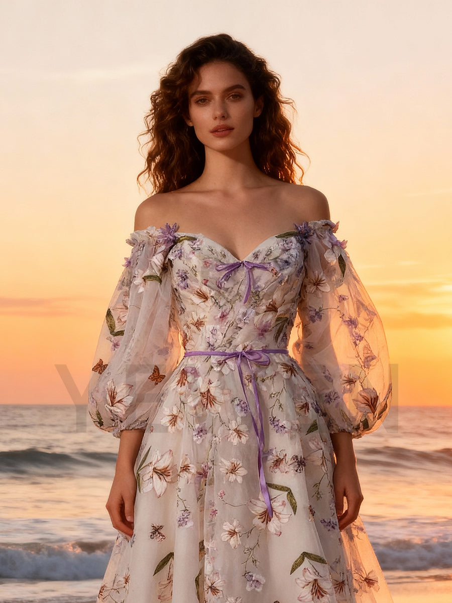 Floral Embroidered Evening Dress Garden Party Formal Gown Puffy Sleeves