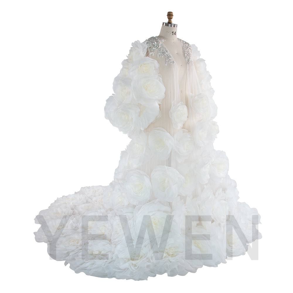 White Bridal Robe Long Wedding Billowing Organza 3D Flower Bridal Robe for Wedding Day YW250022