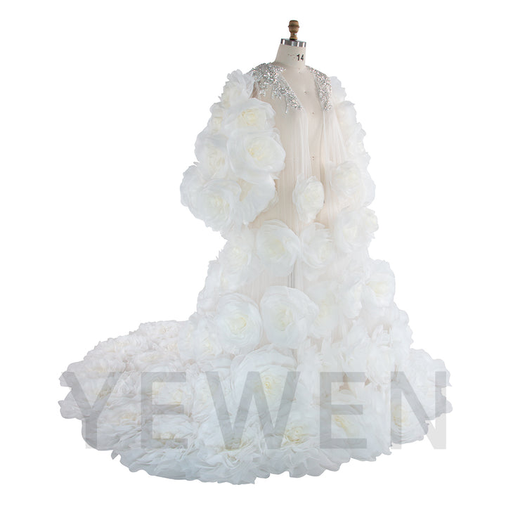 White Bridal Robe Long Wedding Billowing Organza 3D Flower Bridal Robe for Wedding Day YW250022