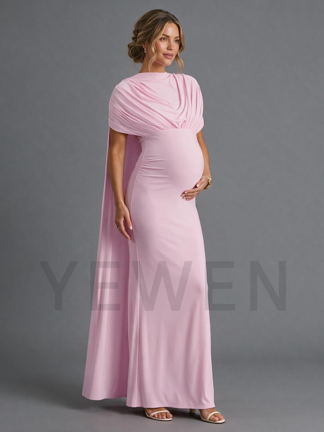 High Neck Ruched Long Cape Maternity Dress for Baby Shower YM261010