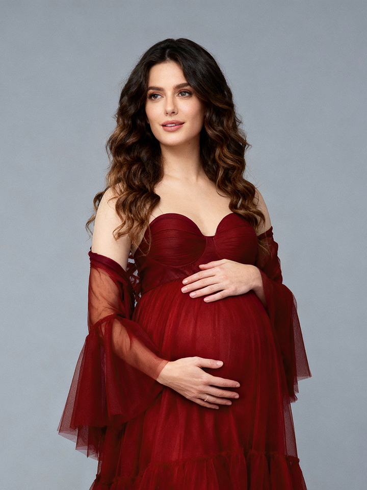 Burgundy Tulle Maternity Gown for Photo Shoot Baby Shower