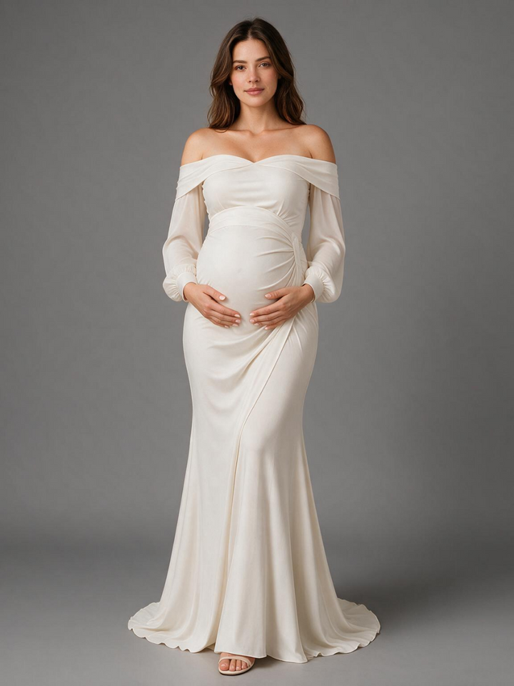 Ivory Off-Shoulder Puff Sleeves Maternity Dress For Baby Shower