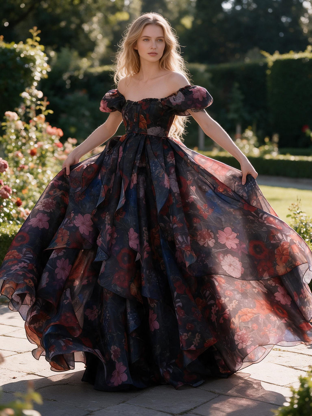 Floral Off-Shoulder Puff Sleeve Tiered Ruffle Princess Dress YW2610136