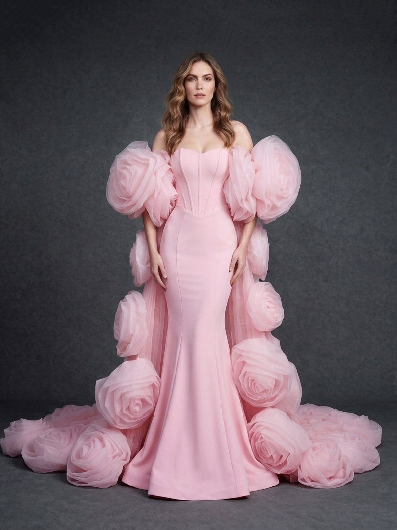 Pink Strapless Mermaid 3D Floral Wedding Dress with Cape YD261020
