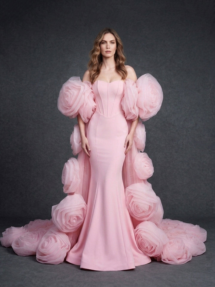 Pink Strapless Mermaid 3D Floral Wedding Dress with Cape YD261020