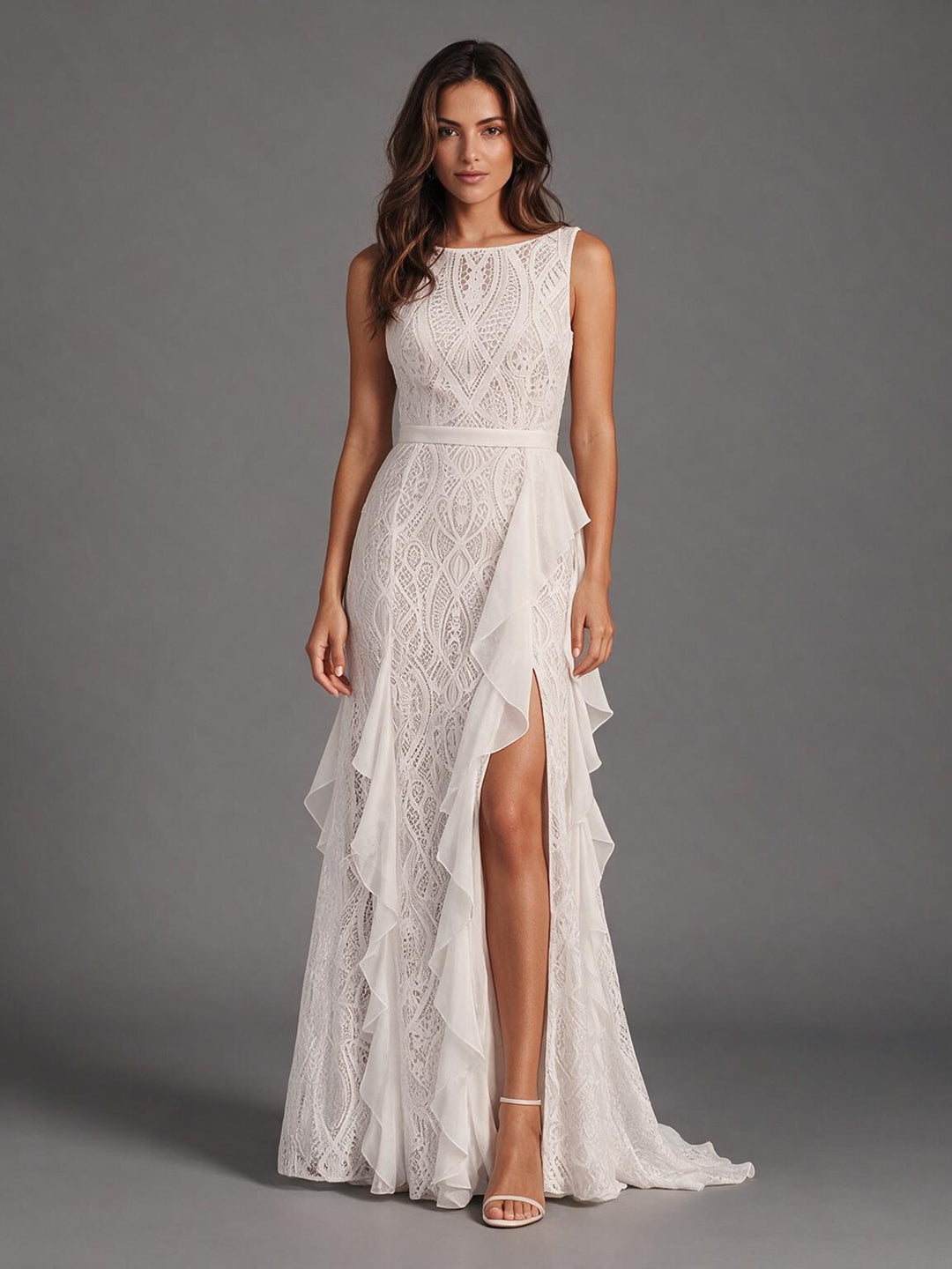 Ivory Embroidered Lace Wedding Dress with Sweeping Chiffon Ruffle Slit Skirt