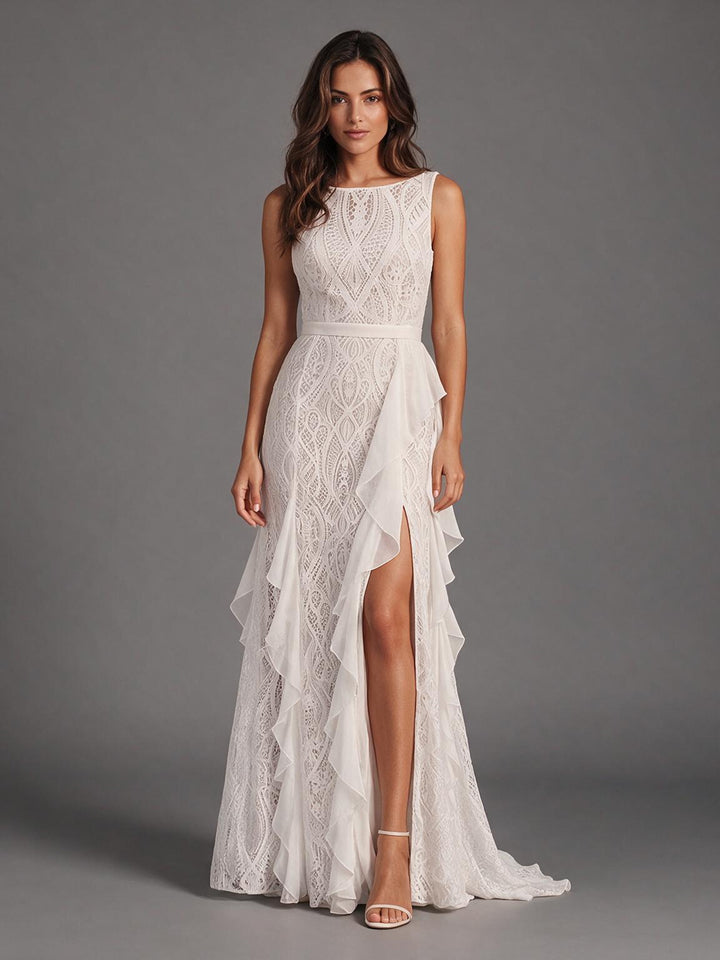 Ivory Embroidered Lace Wedding Dress with Sweeping Chiffon Ruffle Slit Skirt