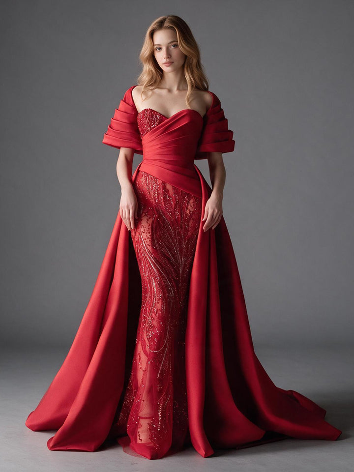 Red Off-Shoulder Ruched Satin Cape Sequin Christmas Dress YW2610091