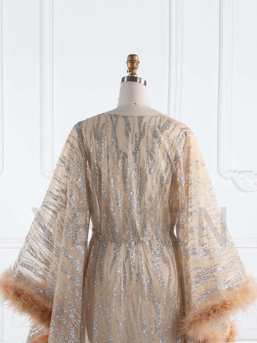 Maternity Robe for Photoshoot with Feathers Trim Glitter Sequin Pregnancy Dress for Baby Shower Fancy Photoshoot Props YW250044