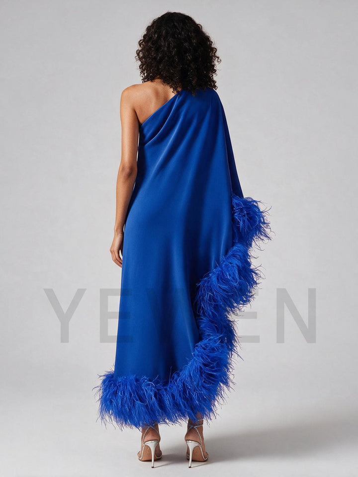 Blue One-Shoulder Poncho Ostrich Feather Satin Evening Gown YW2610064