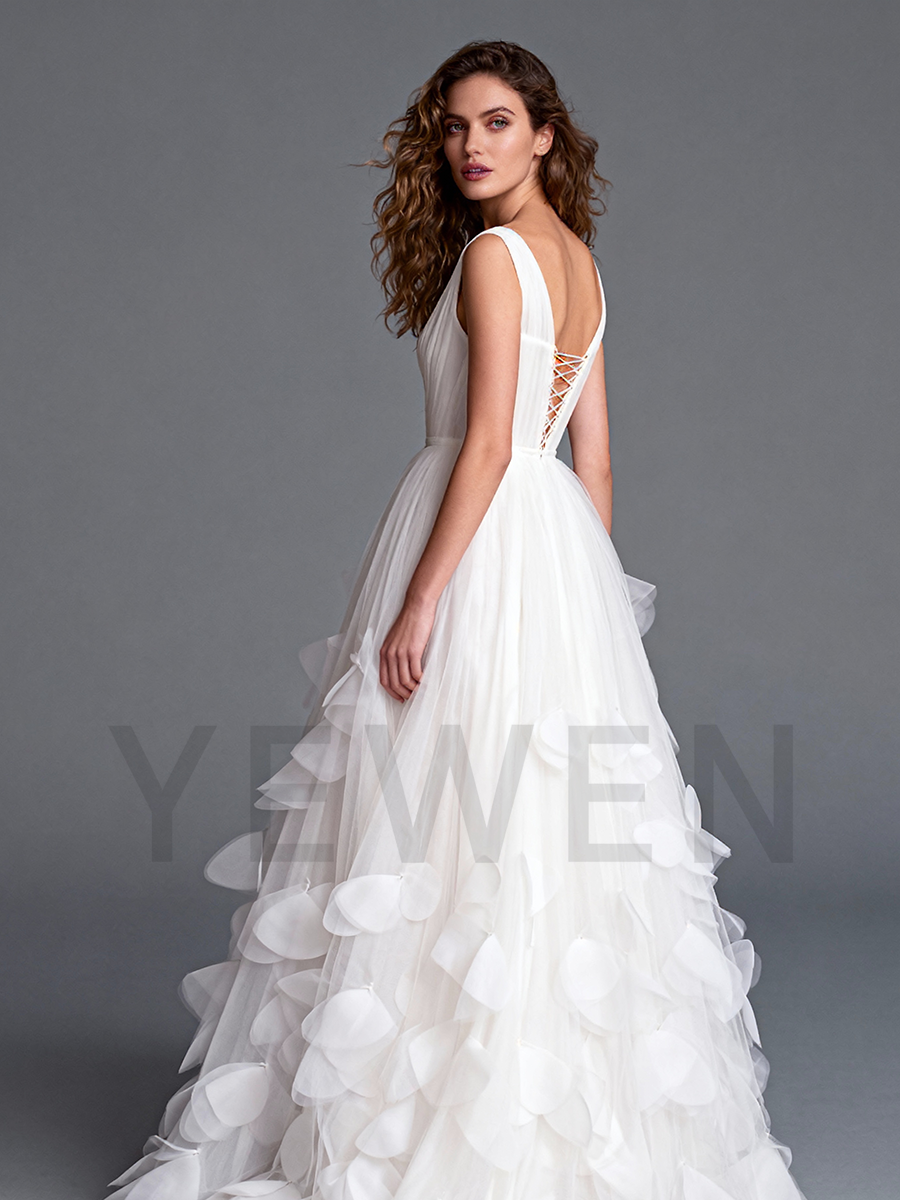 Tulle Wedding Dress Deep V Neck Sleeves Bridal Gowns Petal Trim
