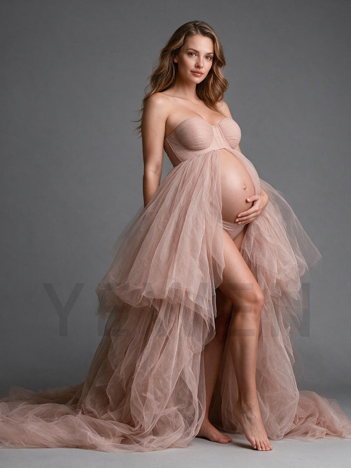 Puff Sleeve Tulle Off-Shoulder Maternity Photoshoot Gown YW2610144